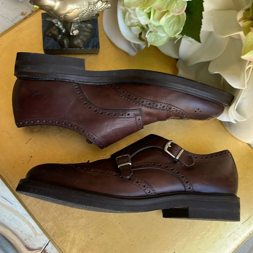 Brunello Cucinelli Brogue Wingtip Double Monk Strap Loafers in Brown Leather